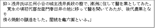 抑ゝ浅井氏は江州小谷の城主浅井長政の裔で、清洲に住して醫を業としてゐた。
　寛永の頃初代喜左衛門春日井の地に移って醫を開いてゐたが、後代農業となり
傍ら焼酎の醸造をした。屋號を龜六園といふ。」

